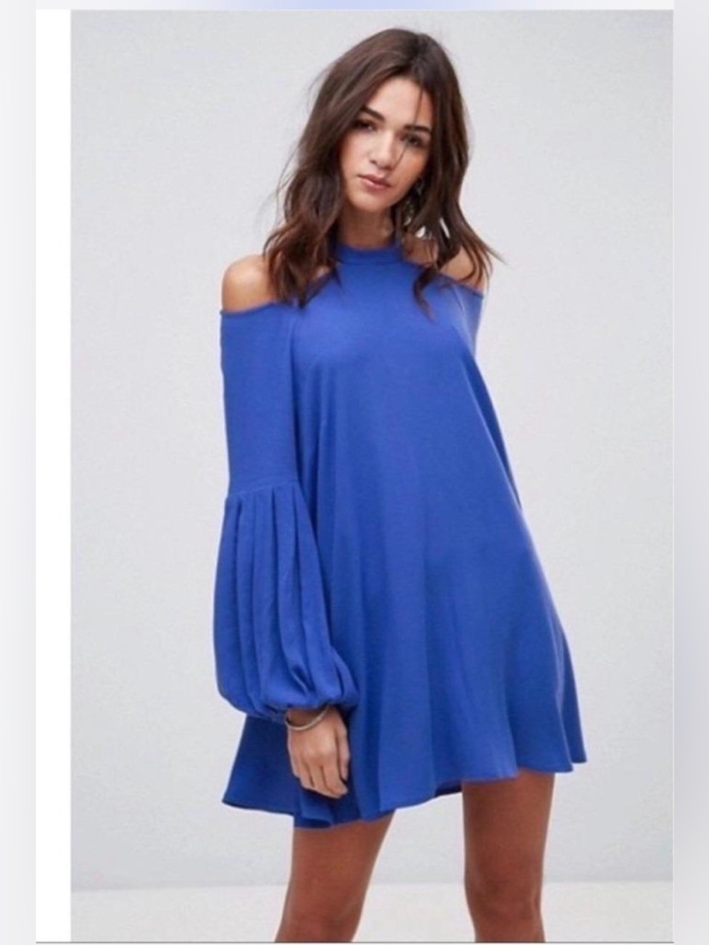 Free People Drift Away Dress Cobalt Blue -Large. Cold Shoulder Long Sleeve